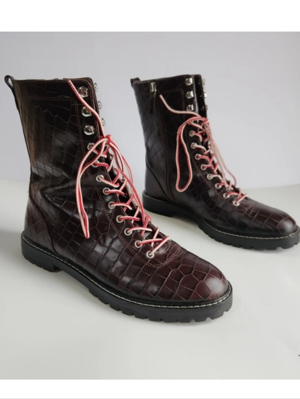 J. Crew Crocodile Embossed leather Lace-up Military Combat Style Boots
